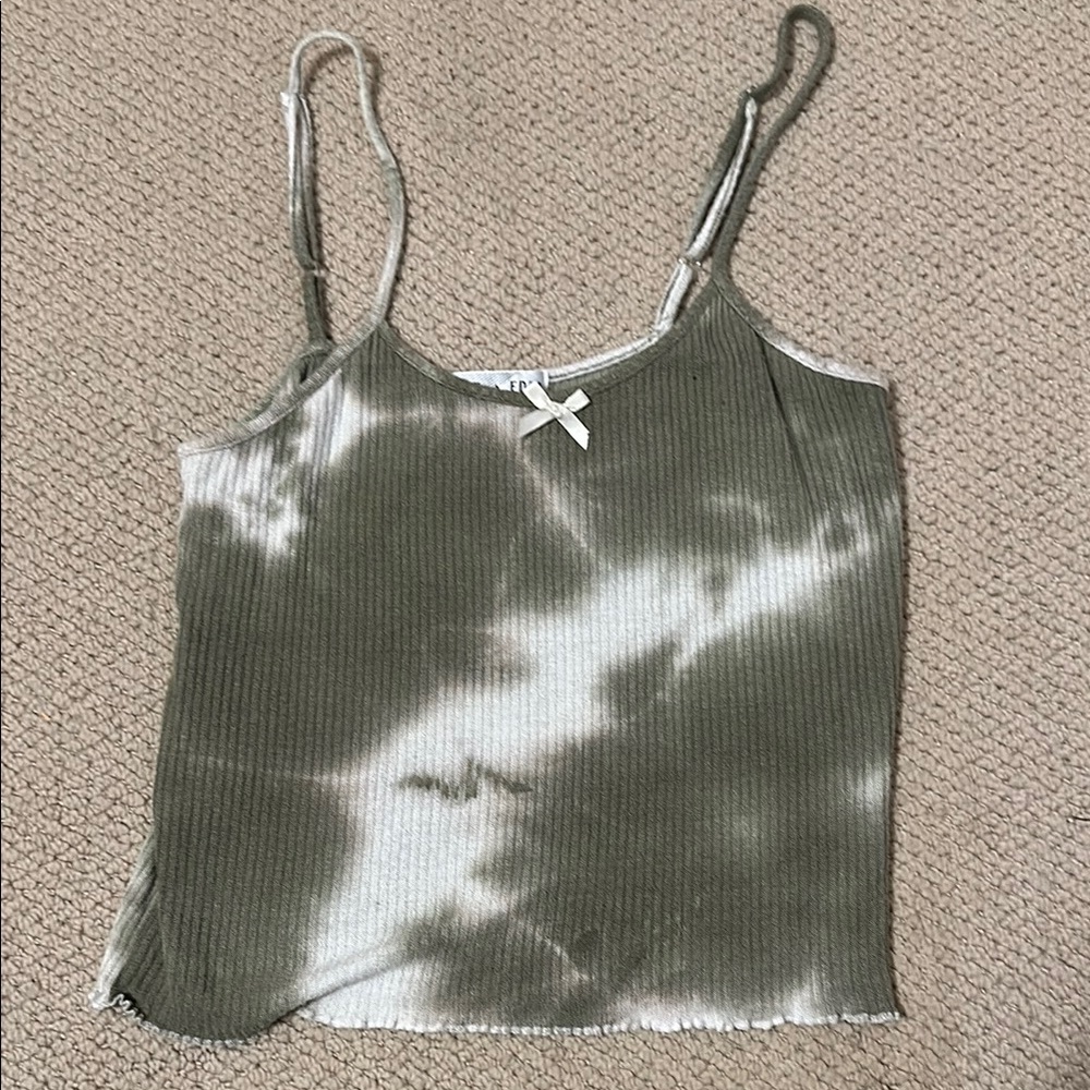 Green and White Ribbed Tie Front Crop Camisole